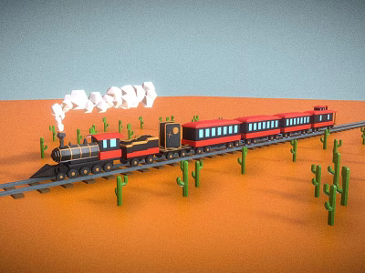 Toy Train in Desert Landscape with Red Carriages Black Locomotive and Green Cactus Plants 3d model