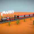Toy Train in Desert Landscape with Red Carriages Black Locomotive and Green Cactus Plants