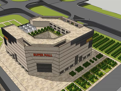 Modern Super Mall Building Exterior With Surrounding Greenery And Multi Storey Structure 3d model