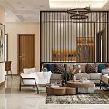 Modern Chinese Dining and Living Room Interior With Wooden Screen And Dining Table