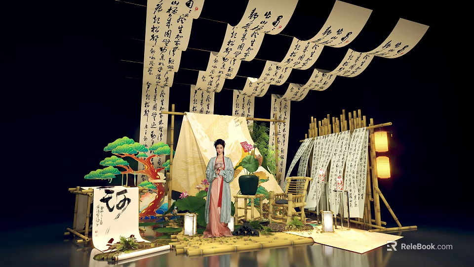 Traditional Chinese Cultural Display with Hanging Calligraphy Scrolls Ancient Costume Figure Pine Lanterns Bamboo Structure 3d model 