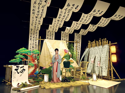 Traditional Chinese Cultural Display with Hanging Calligraphy Scrolls Ancient Costume Figure Pine Lanterns Bamboo Structure 3d model