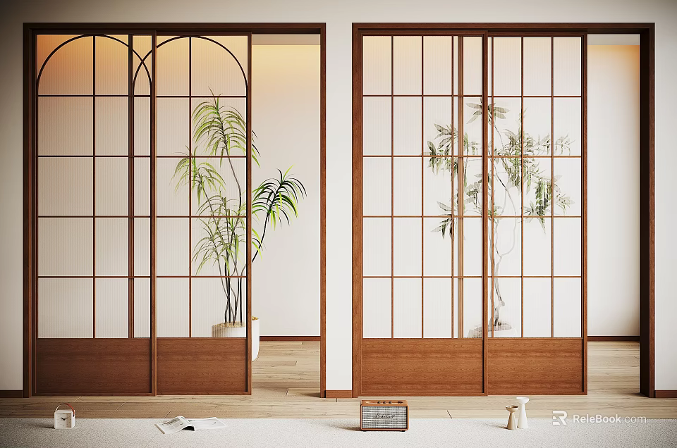 Modern Wooden Frame Sliding Doors With Glass Panels And Indoor Plants 3d model 