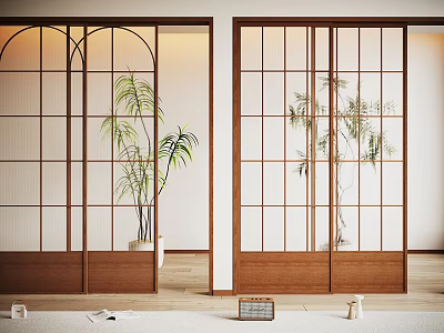 Modern Wooden Frame Sliding Doors With Glass Panels And Indoor Plants 3d model