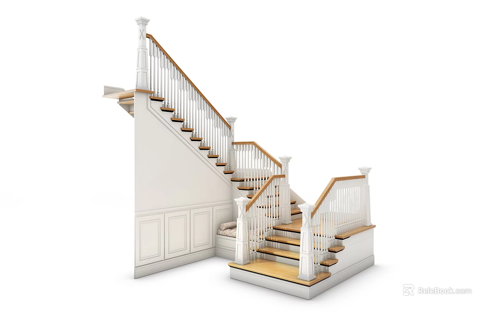 Elegant White Staircase With Wooden Steps Railings And Home Cabinets 3d model 