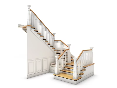 Elegant White Staircase With Wooden Steps Railings And Home Cabinets 3d model