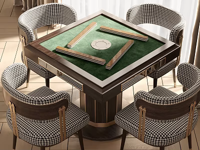 Stylish Wooden Entertainment Table With Green Playing Surface And Four Checkered Chairs Around 3d model