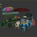 Thai Street Food Cart With Tuk Tuk And Colorful Umbrellas Near Chair
