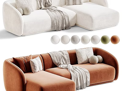 White and Brown Sectional Sofa with Pillows Throw Blanket Velvet Upholstery Different Color Options 3d model
