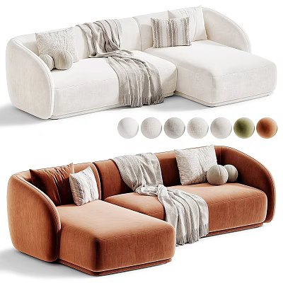 White and Brown Sectional Sofa with Pillows Throw Blanket Velvet Upholstery Different Color Options 3d model