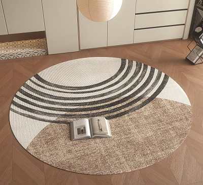 Round Area Rug Featuring Black White Stripes Brown Design in Modern Living Room Wooden Floor 3d model