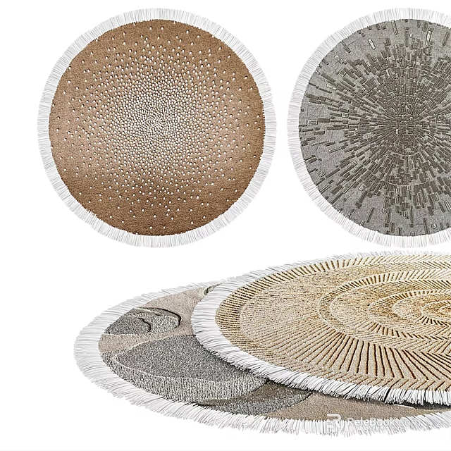 Stylish Round Rugs With Fringed Edges And Radiant Patterns In Various Tones 3d model 