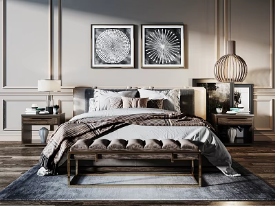 Elegant Modern Double Bed With Decorative Paintings Nightstands Table Lamps Rug And Bench 3d model