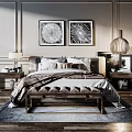 Elegant Modern Double Bed With Decorative Paintings Nightstands Table Lamps Rug And Bench