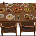 Assorted Food Dishes On Wooden Dining Table With Pizza Pasta Meat And Beverages