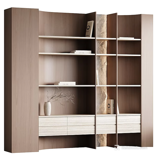 Modern Light Wood Decorative Cabinet With Open Shelves Drawers Vase Twigs And Books 3d model 