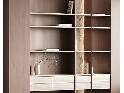 Modern Light Wood Decorative Cabinet With Open Shelves Drawers Vase Twigs And Books 3d model