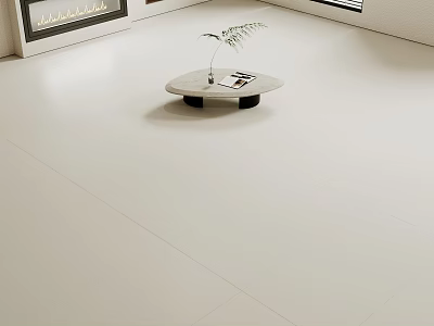 Light Colored Living Room Floor Tiles With Round Coffee Table Small Plant And Fireplace 3d model