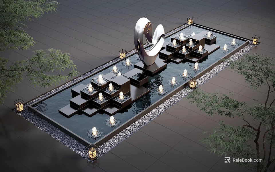 Modern Water Fountain with Silver Sculpture Stepped Platforms Illuminated Lights and Green Plants 3d model 