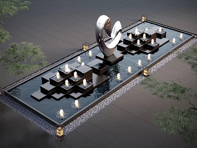 Modern Water Fountain with Silver Sculpture Stepped Platforms Illuminated Lights and Green Plants 3d model