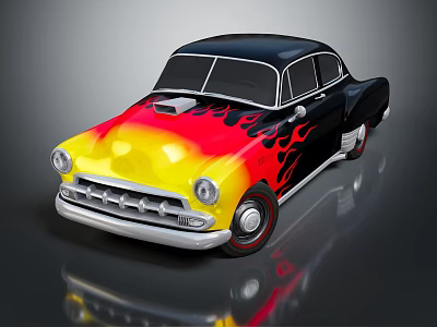 Striking Vintage Classic Car With Black Yellow Red Flame Design Exterior 3d model