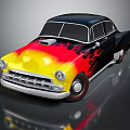 Striking Vintage Classic Car With Black Yellow Red Flame Design Exterior