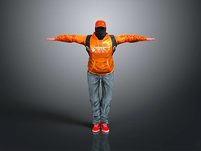 Child Wearing Orange Jacket Hat And Red Shoes With Backpack Standing Arms Outstretched 3d model
