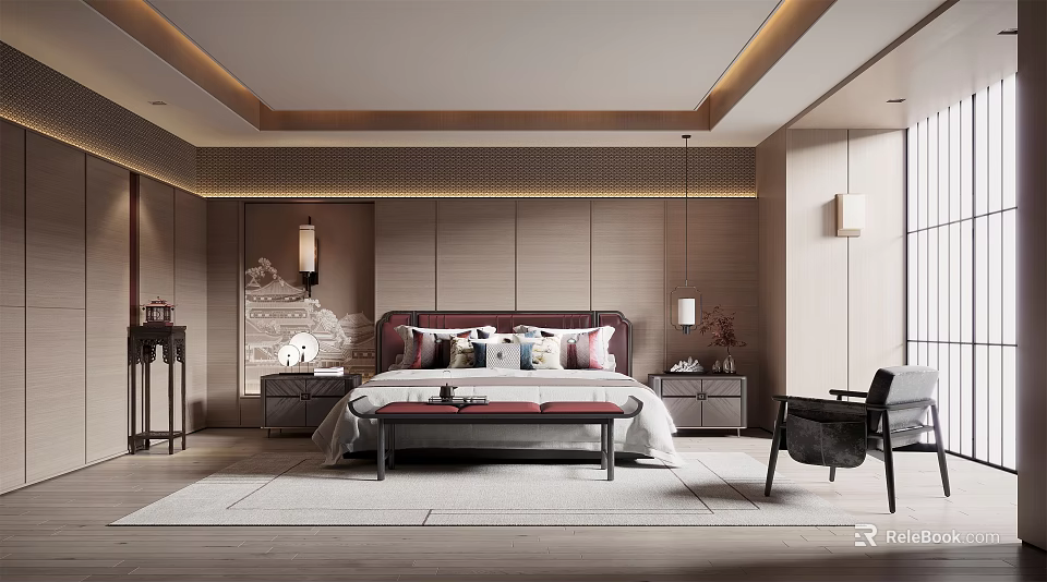 Elegant Modern Bedroom Interior With Wooden Walls Red Headboard Nightstands And Decorative Lamps 3d model 