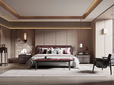 Elegant Modern Bedroom Interior With Wooden Walls Red Headboard Nightstands And Decorative Lamps 3d model