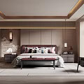 Elegant Modern Bedroom Interior With Wooden Walls Red Headboard Nightstands And Decorative Lamps