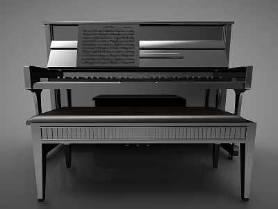 Sleek Silver Piano With Sheet Music On Top And Wooden Table Base 3d model