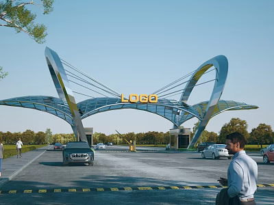 Modern Entrance Gate Design With Curved Glass Structure Logo Cars And Pedestrians 3d model