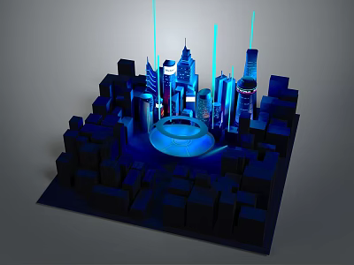Futuristic Urban Architecture 3D Model With Blue Lighting And Circular Central Structure 3d model
