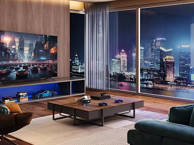 Entertainment Room With Wooden Walls Large Screen TV Game Controllers And Floor To Ceiling Windows 3d model