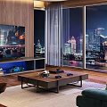 Entertainment Room With Wooden Walls Large Screen TV Game Controllers And Floor To Ceiling Windows