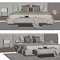 Modern Double Bed With Upholstered Headboard Decorative Pillows And Bed Bench 3d model