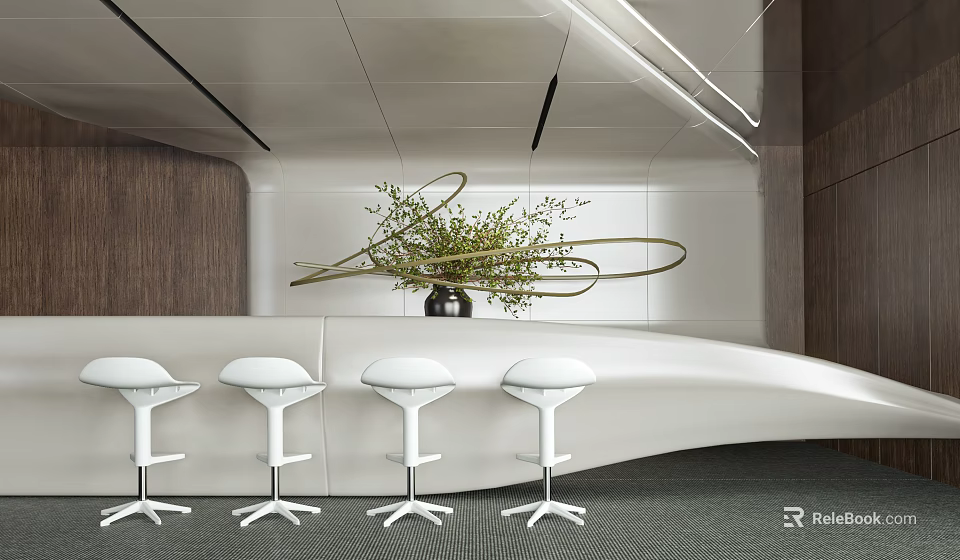 Modern Reception Desk Interior With White Curved Counter High Stools Wooden Walls And Green Plants 3d model 