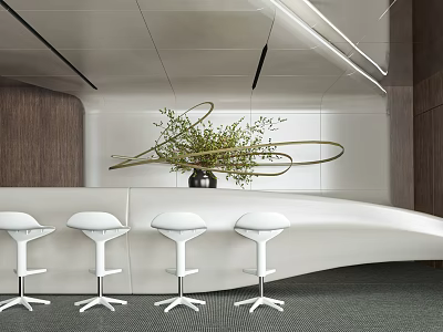 Modern Reception Desk Interior With White Curved Counter High Stools Wooden Walls And Green Plants 3d model