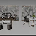 Traditional Tea Table And Chairs Set With Stools Wooden Surface And Decorative Screen Pattern 3d model