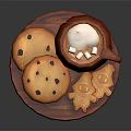 Wooden Platter With Hot Drink Topped With Cream And Chocolate Chip Ghost Shaped Cookies