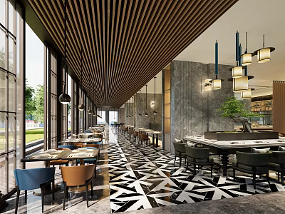Elegant Restaurant Interior Design With Wooden Slat Ceiling Large Windows And Geometric Floor Tiles 3d model