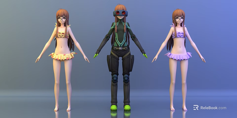 Three Game and Movie Characters With Tech Inspired Outfit Goggles and Bikini Outfits 3d model 