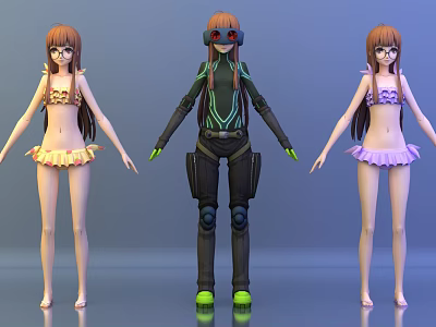 Three Game and Movie Characters With Tech Inspired Outfit Goggles and Bikini Outfits 3d model