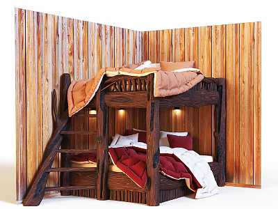 Rustic Wooden Bunk Bed with Red and Orange Bedding Against Wooden Panel Wall 3d model