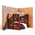 Rustic Wooden Bunk Bed with Red and Orange Bedding Against Wooden Panel Wall