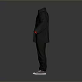 Everyday Wear Set With Gray Coat Pants And White Sneakers Red Collar Cuff Trim