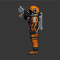 Astronaut In Orange Spacesuit Holding Futuristic Device On Gray Backdrop