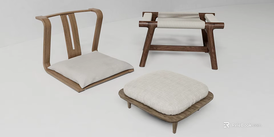 Natural Wooden Chair Stool And Cushion Set With Fabric Seats 3d model 