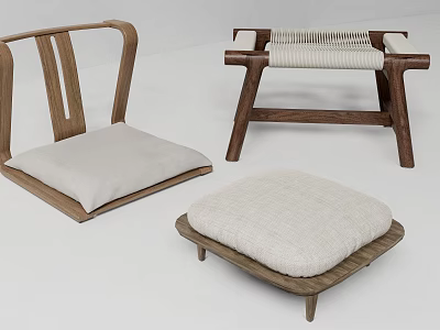Natural Wooden Chair Stool And Cushion Set With Fabric Seats 3d model