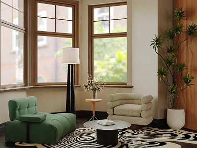 Green and Beige Accent Chairs in Living Room with Windows Plants and Patterned Rug 3d model